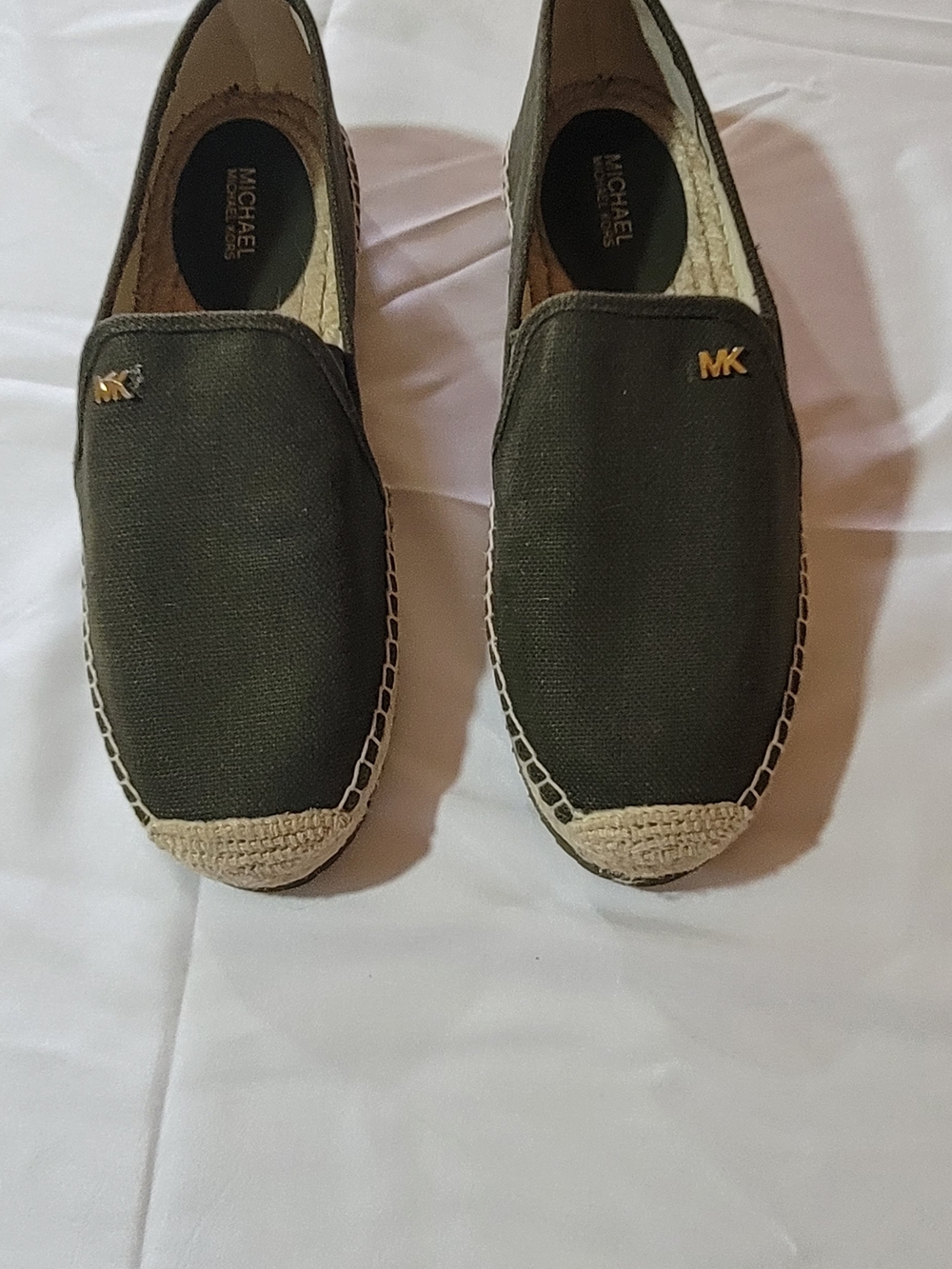 Michael Kors Olive Green Canvas Slip-On Espadrilles with Gold MK Logo